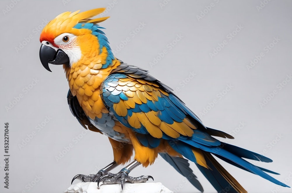 Fototapeta premium Colorful parrot with vibrant yellow, blue, and orange feathers, perched on a stand against a neutral background