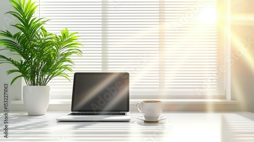 Wallpaper Mural Morning workspace setup with laptop and coffee bright indoor environment minimalistic style Torontodigital.ca