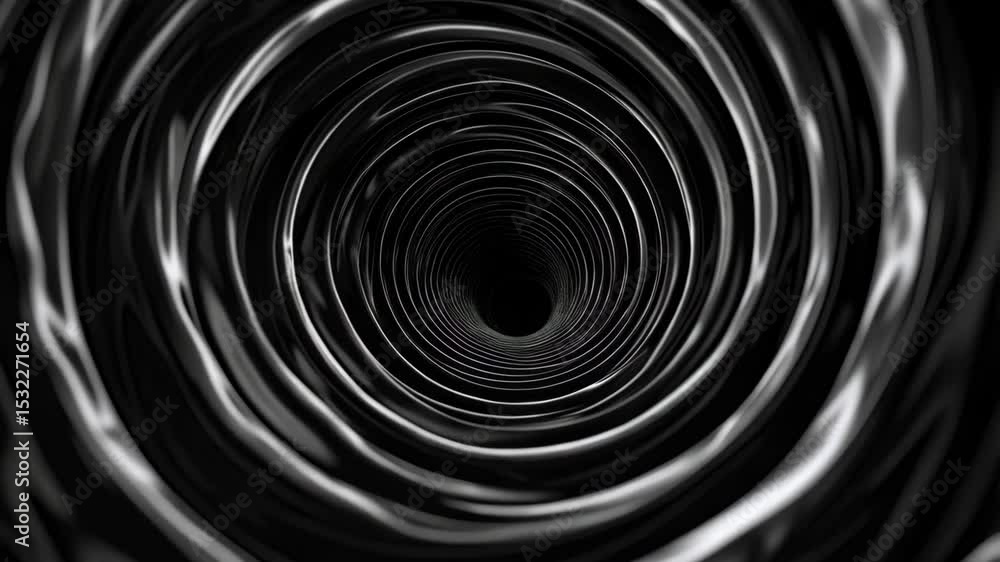 Abstract metallic circles tunnel converging towards a dark void, creating an optical illusion effect and hypnotic motion in a looped structure. Abstract metallic circles tunnel converging towards a dark void, creating an optical illusion effect and hypnotic motion in a looped structure.