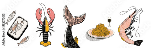 Hand drawn seafood doodle set for culinary illustrations and menu design
