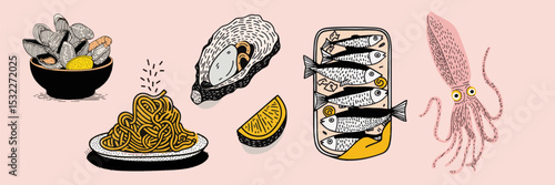 Hand drawn seafood doodle set for culinary illustrations and menu design