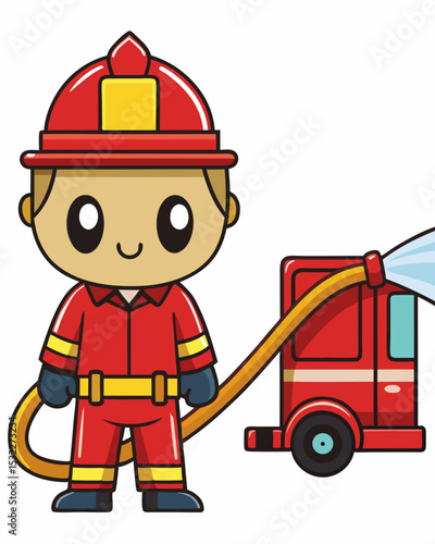 Adorable Cute Cartoon Firefighter  Spraying Water, Hero of the Day!