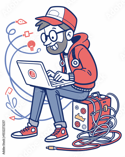 Cool Cartoon IT Technician with Glasses Tangled Wires and Tech Solutions