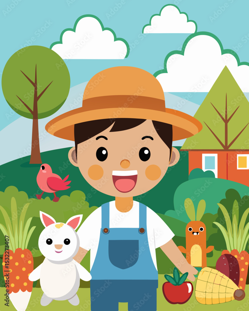 Naklejka premium Happy Little Farmer Harvesting Fun on the Farm with Cute Animals and Fresh Produce