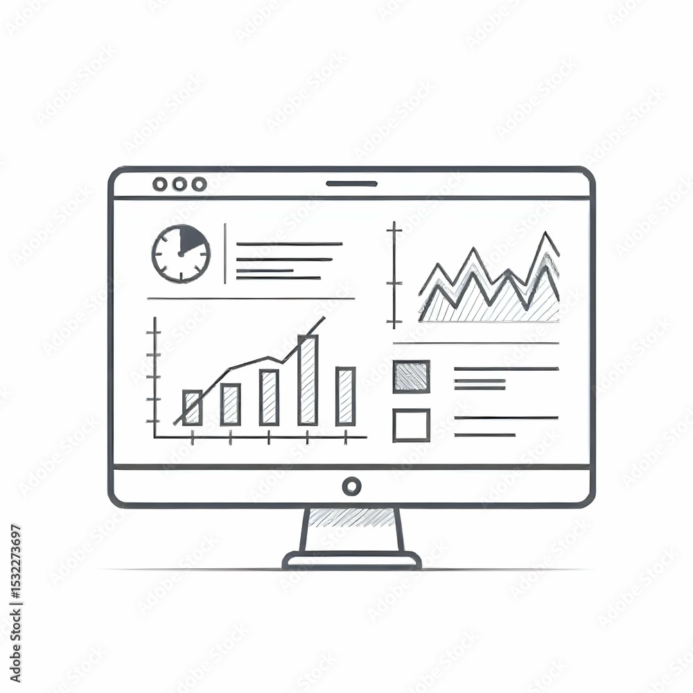Minimalist black and white vector icon of a KPI dashboard with simplified charts, gauges, and metric boxes, clean line art, no background Minimalist black and white vector icon of a KPI dashboard with simplified charts, gauges, and metric boxes, clean line art, no background