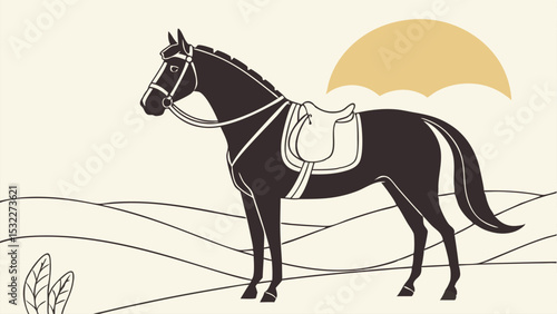 Illustration of a horse with a saddle on a field at sunset