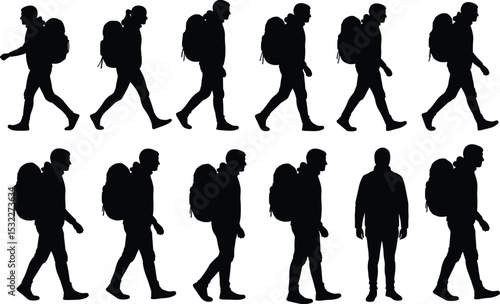 Silhouette of male hiker walking in sequence, backpack traveler vector illustration, outdoor trekking steps, journey concept, adventure clipart