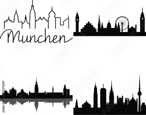 Munich, London, Berlin Skyline Silhouettes Collection on White Background, Cityscape