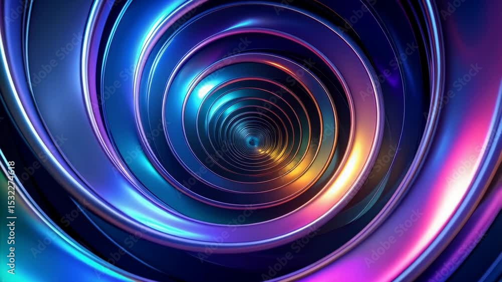 Abstract perspective view of concentric glossy circles with vibrant blue, purple, and golden iridescent reflections creating an illusion of depth Abstract perspective view of concentric glossy circles with vibrant blue, purple, and golden iridescent reflections creating an illusion of depth