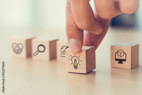 Design Thinking Process concept. Wooden blocks with icons; the key stages of the design thinking process, a solution-focused, problem-solving methodology used for innovation and strategic development.