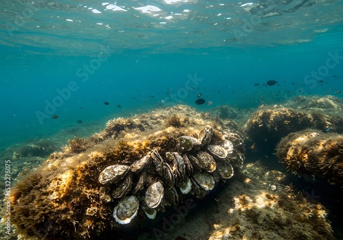 Underwater wild oysters in their natural habitat for marine life research or marine background