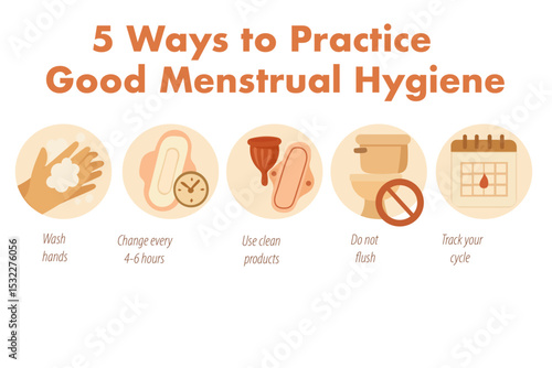Vector infographic showing 5 ways to practice good menstrual hygiene including handwashing, changing pads, using clean products, proper disposal, and cycle tracking.