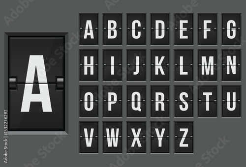 Mechanical flap display showing the alphabet. Useful for transportation schedules, information boards, and retro designs with a vintage aesthetic.