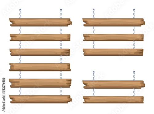 Two sets of rustic wooden signs suspended by metal chains. Weathered wood texture adds to their charm, making them ideal for various applications.
