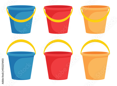 Colorful buckets in blue, red, and orange with yellow handles are arranged in a visually appealing pattern against a white backdrop.