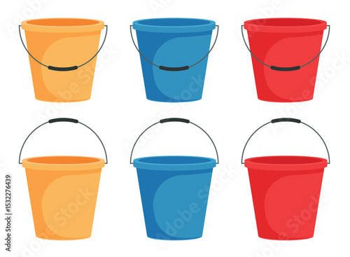 Colorful Buckets: A vibrant collection of orange, blue, and red buckets, perfect for various household or industrial tasks and storage.