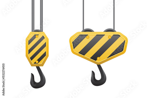 Crane Hooks: Industrial lifting equipment with black and yellow hazard stripes. Safety, construction, and engineering elements.
