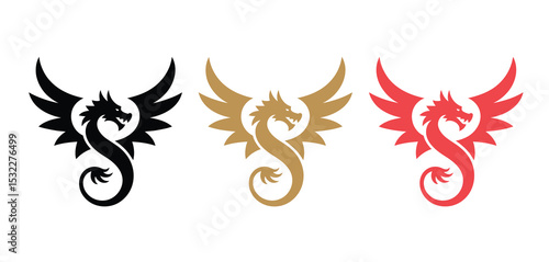 Three Stylized Winged Dragon Logos Black Gold Red