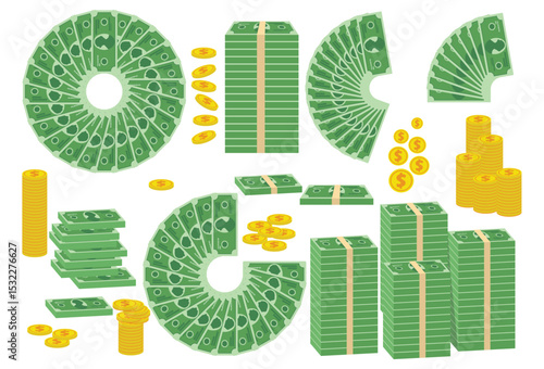 A dynamic visual showcasing wealth, featuring stacks of bills and coins arranged artistically, symbolizing prosperity and financial success.