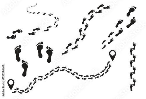 Footprint trails, representing different paths or journeys, marked by start and end points, ideal for concepts of discovery or destinations.