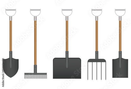 An assortment of gardening tools are displayed. The tools include a shovel, rake, square shovel, pitchfork, and scoop shovel, all with wooden handles.