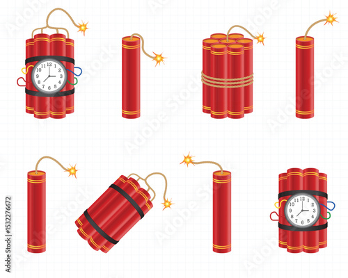 Various dynamite sticks with lit fuses and a bomb with a clock as timer displayed on a white background ready to be set off