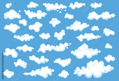 A cartoon illustration showing multiple fluffy white clouds of various sizes and shapes floating against a clear light blue sky.