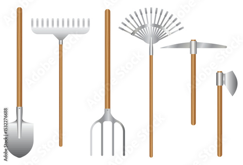 Assorted gardening tools including a shovel, rakes, pickaxe, fork, and axe, all standing upright against a white background. 