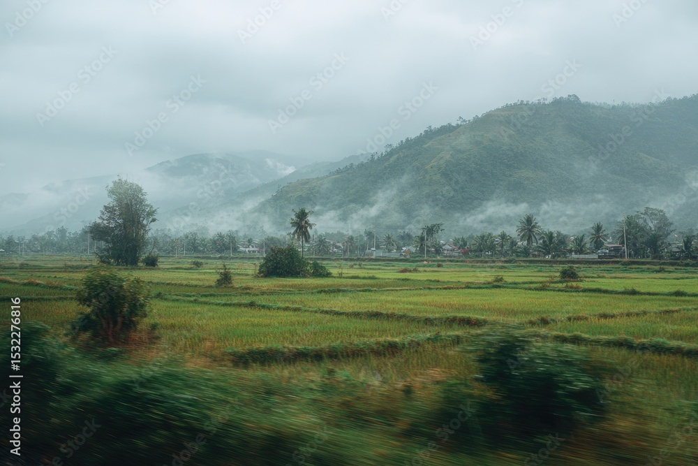 Obraz premium Misty mountain valley with lush green rice paddies and a small village nestled amongst the fog