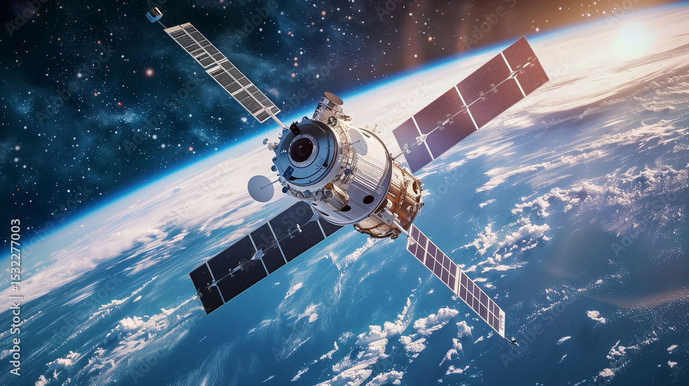 Fototapeta premium Satellite refueling in orbit with dispersing metallic particles, showcasing orbital sustainability innovation 