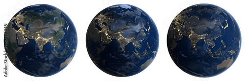 Set For Three views of earth at night, isolated on transparent background