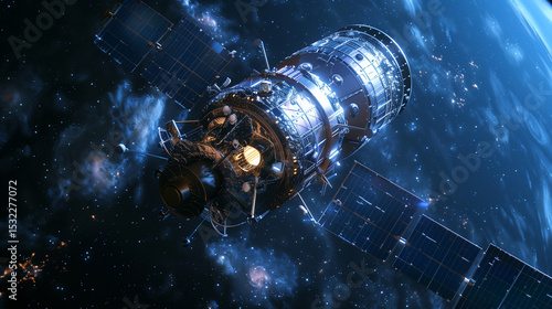 Satellite refueling in orbit with dispersing metallic particles, showcasing orbital sustainability innovation