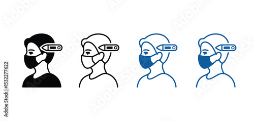 Person Wearing Mask with Infrared Thermometer Icon Set