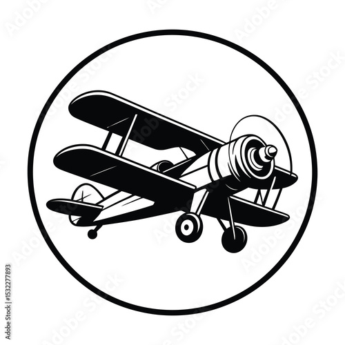 Vintage biplane in a circle black and white illustration