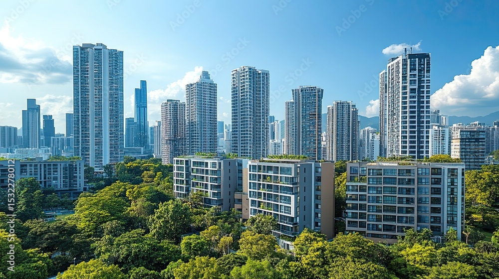 Obraz premium City Skyline with Solar Power Integration Showcasing Modern Buildings with Solar Panels on Rooftops, Representing Sustainable and Renewable Energy Solutions in an Urban Setting