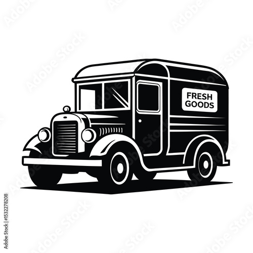 Vintage black and white fresh goods delivery truck