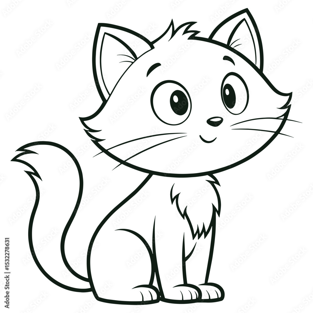 Naklejka premium Cute Cartoon Cat Line Drawing – Black and White Kitty Illustration for Kids Coloring Page