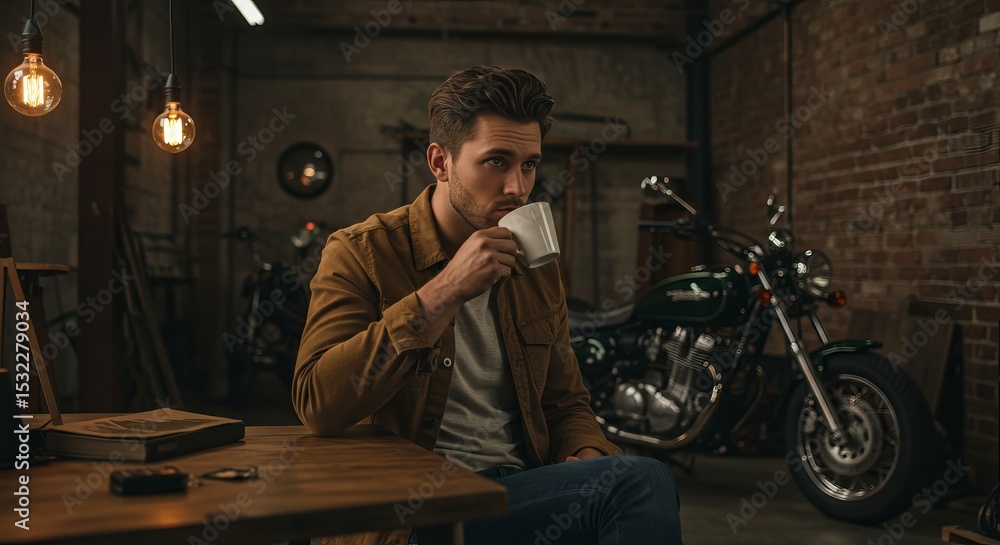 A man drinks from a mug at a table, with a motorcycle and brick wall in the background, illuminated by hanging bulbs. A man drinks from a mug at a table, with a motorcycle and brick wall in the background, illuminated by hanging bulbs.