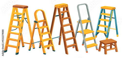 Variety of Wooden and Metal Step Ladders and a Stool