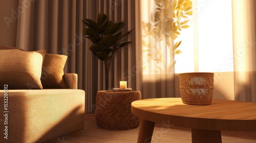 Cozy living room with sunlight filtering through curtains, featuring plants and decorative elements