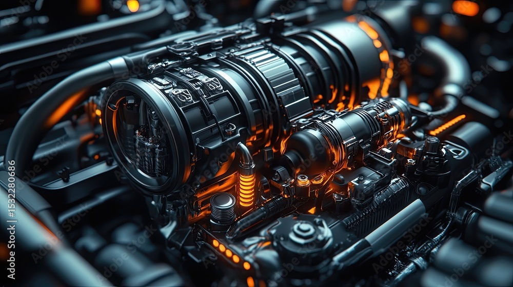 Close-Up of Car Engine Detailed Modern Car Engine View for Automotive and Engineering Themes. Close-Up of Car Engine Detailed Modern Car Engine View for Automotive and Engineering Themes.