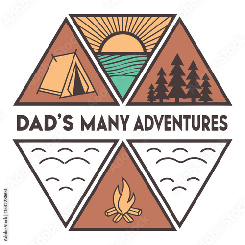 "Dad's Many Adventures" Geometric Hexagon Outdoor Scenes T-Shirt Design
