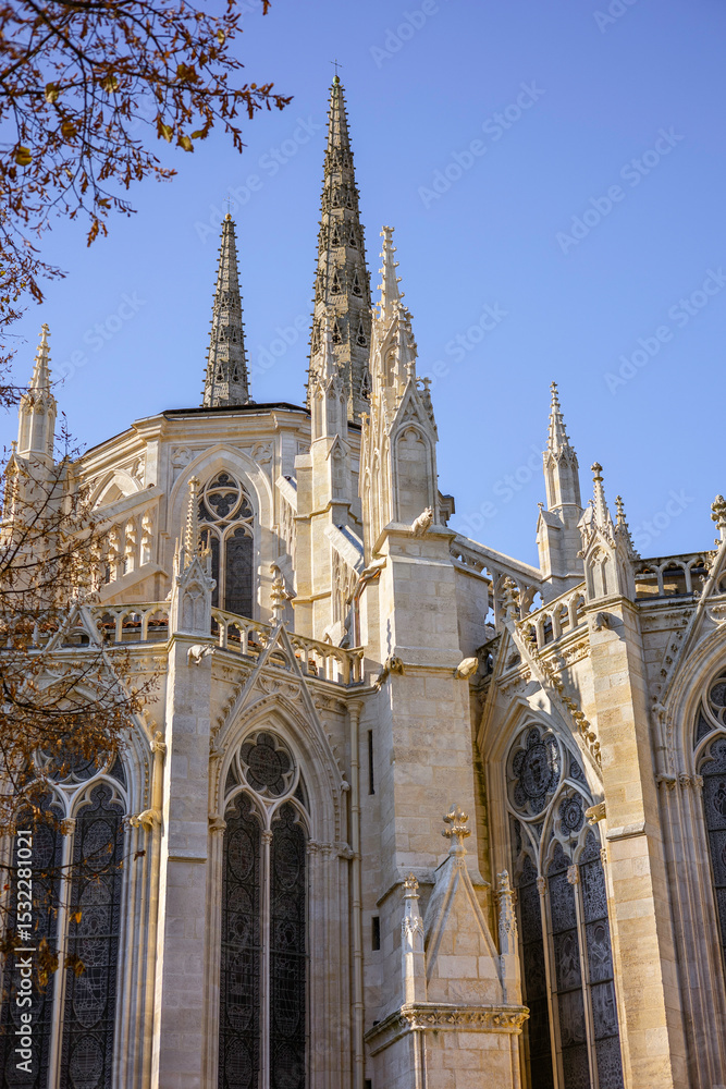Obraz premium The Cathédrale Saint-Andre showcases intricate gothic architecture, detailed windows, and spires, framed by autumn foliage. Bordeaux. France