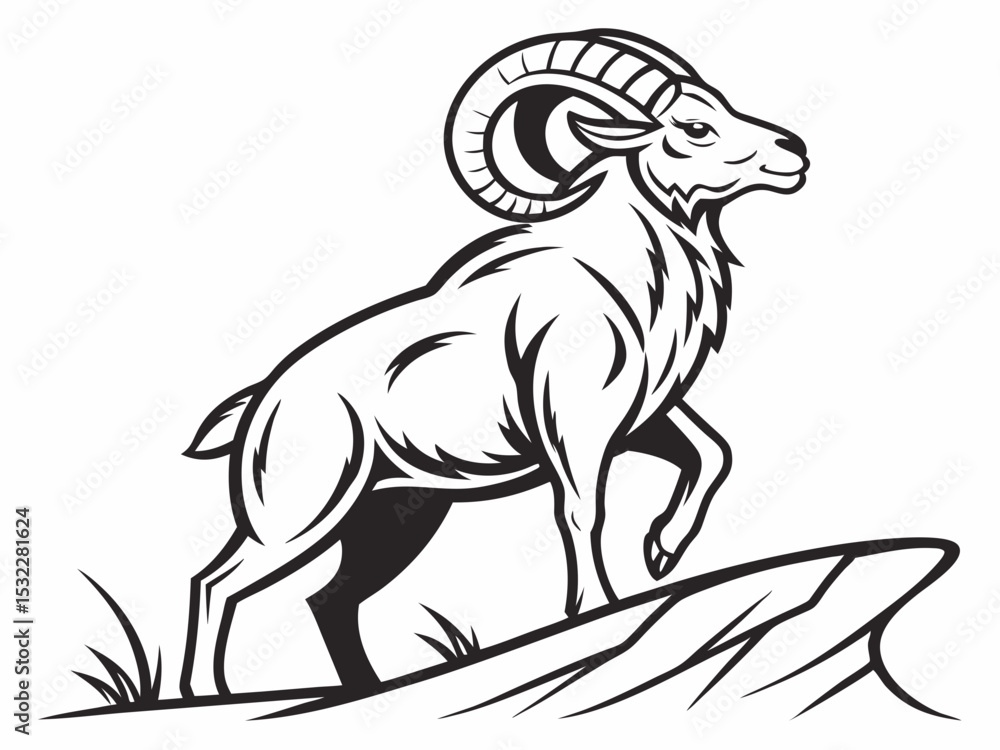 Obraz premium Powerful Ram Standing on a Rock, Ideal for Logos and Sports Teams