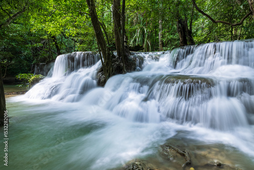 Lush tropical waterfall with flowing water at Huay Mae Khamin National Park, Tier 7 Rom Klao, Kanchanaburi, Thailand