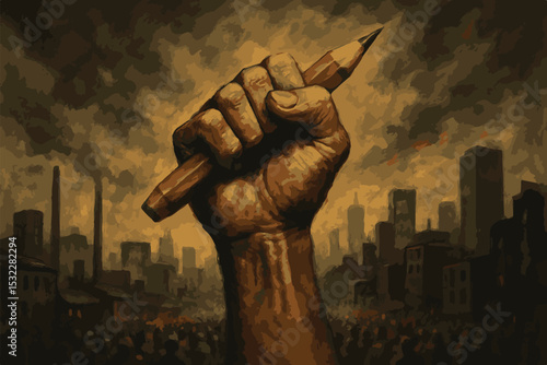 A clenched fist holding a pencil, representing resistance through creativity and action