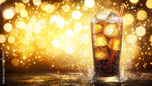 With its dark background, the image of a celebration party featuring a cola glass and ice splash is elevated by the inclusion of a soft drink glass that adds a refreshing touch