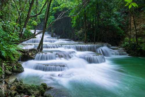 Tropical waterfall flowing through lush jungle, Huay Mae Khamin National Park, Tier 1 Dong Wan, Kanchanaburi, Thailand