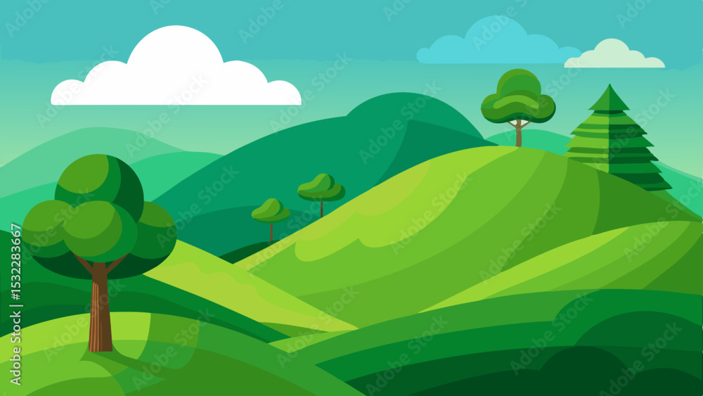 Fototapeta premium Green Rolling Hills Landscape with Farmhouse and Trees