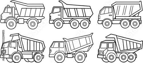 Set of dump truck outline vector illustration line art